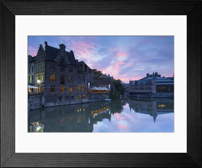 Framed Print : Canalside cafes on Leie Canal at sunset, Ghent, Flanders, Belgium, Europe Framed Print : Canalside cafes on Leie Canal at sunset, Ghent, Flanders, Belgium, Europe