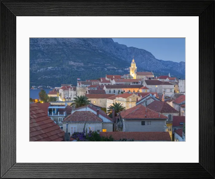 Framed Print : View of Korcula Town at dusk, Korcula, Dalmatia, Croatia, Europe