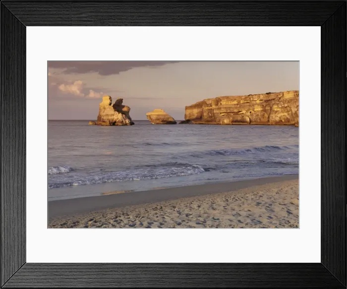 Framed Print : Rocky coast near Torre dell Orso, Due Sorello Rocks (Two sisters) at sunset, Adriatic Sea Framed Print : Rocky coast near Torre dell Orso, Due Sorello Rocks (Two sisters) at sunset, Adriatic Sea