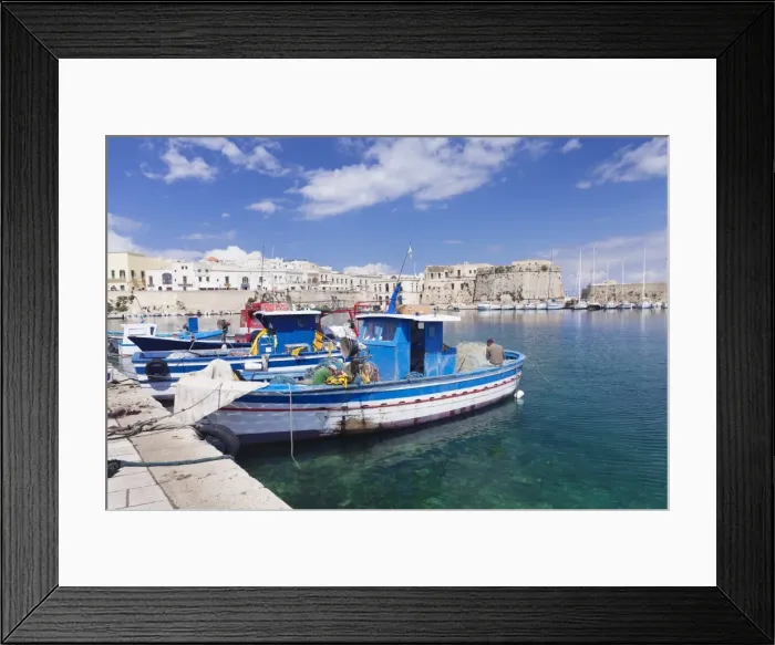Framed Print : Fishing boats at the port, old town with castle, Gallipoli, Lecce province, Salentine Peninsula Framed Print : Fishing boats at the port, old town with castle, Gallipoli, Lecce province, Salentine Peninsula