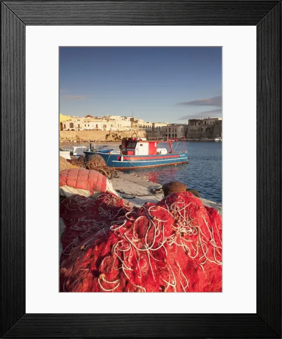 Framed Print : Fishing boats and fishing net at the port, old town, Gallipoli, Lecce province, Salentine Peninsula Framed Print : Fishing boats and fishing net at the port, old town, Gallipoli, Lecce province, Salentine Peninsula