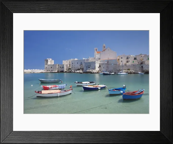 Framed Print : Fishing boats at the harbour, old town with cathedral, Giovinazzo, Bari district Framed Print : Fishing boats at the harbour, old town with cathedral, Giovinazzo, Bari district