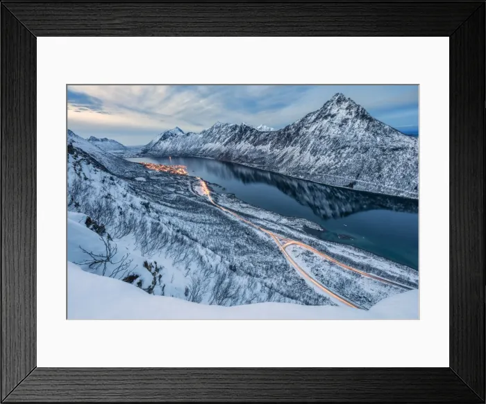 Framed Print : The snowy peaks above the frozen sea framed by the blue lights of dusk, Gryllefjorden Framed Print : The snowy peaks above the frozen sea framed by the blue lights of dusk, Gryllefjorden