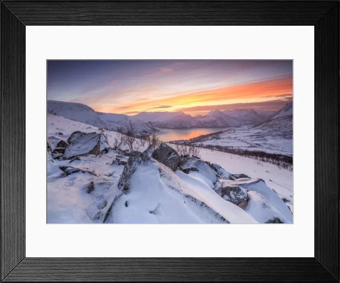 Framed Print : Frozen sea surrounded by snow framed by the orange sky at sunset, Torsken, Senja Framed Print : Frozen sea surrounded by snow framed by the orange sky at sunset, Torsken, Senja