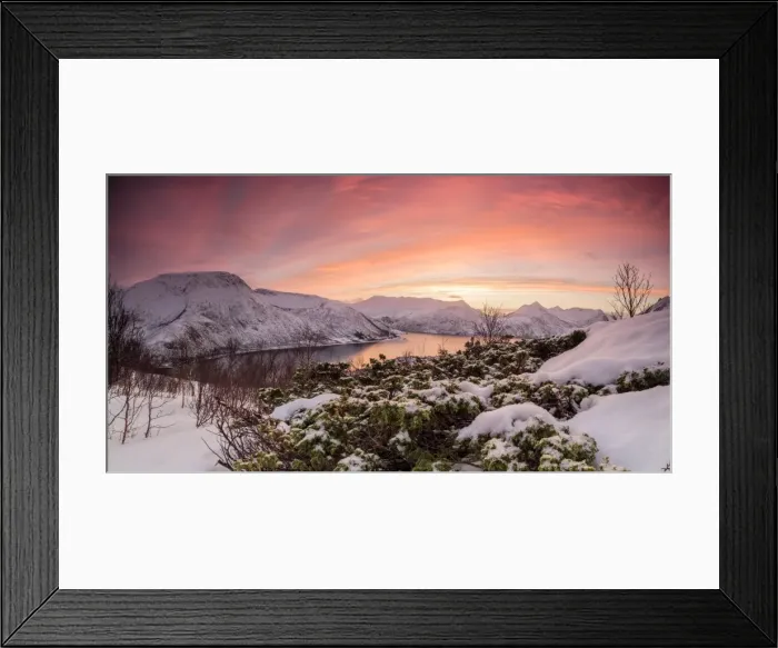 Framed Print : Panorama of frozen sea surrounded by snow framed by the orange sky at sunset, Torsken Framed Print : Panorama of frozen sea surrounded by snow framed by the orange sky at sunset, Torsken