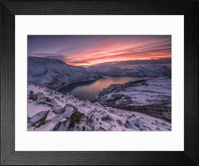Framed Print : The frozen sea surrounded by snow framed by pink clouds, Arctic, Norway, Scandinavia