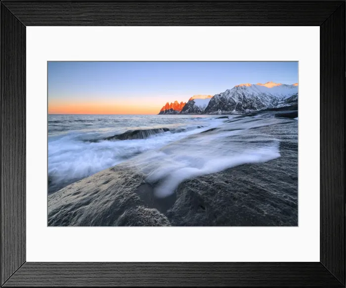Framed Print : The waves of the icy sea crashing on the rocky cliffs at dawn Tungeneset, Senja, Troms county Framed Print : The waves of the icy sea crashing on the rocky cliffs at dawn Tungeneset, Senja, Troms county