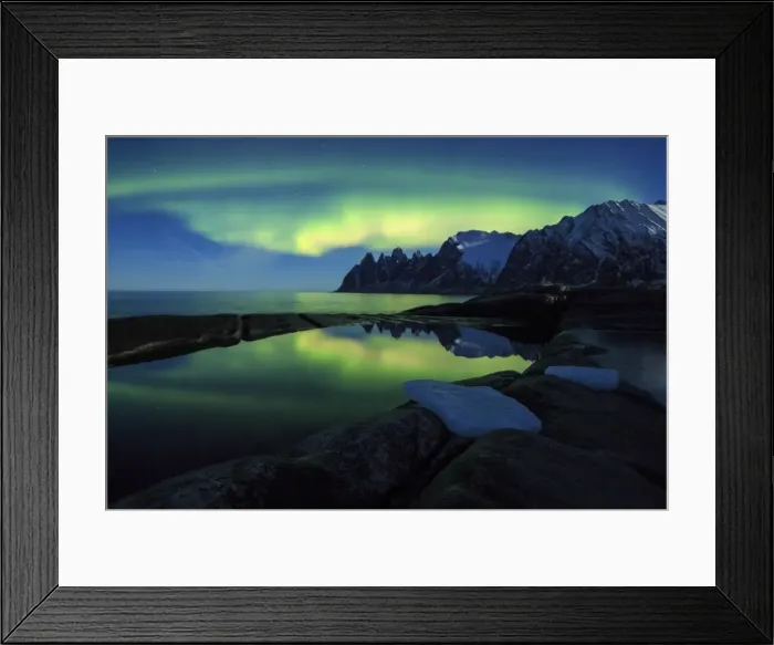 Framed Print : The Northern Lights (aurora borealis) and stars reflected in the icy sea, Tungeneset Framed Print : The Northern Lights (aurora borealis) and stars reflected in the icy sea, Tungeneset
