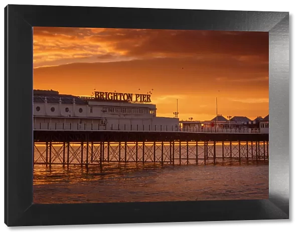 Brighton Pier at sunrise, Brighton, East Sussex, Sussex, England, United Kingdom, Europe