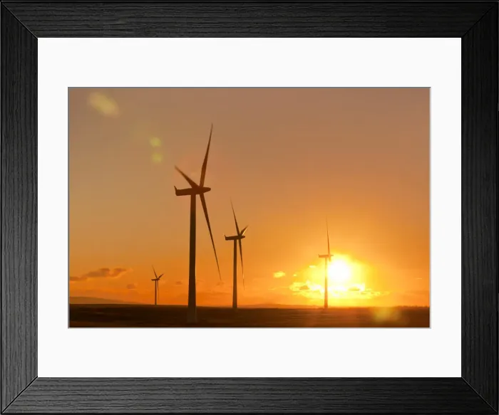 Framed Print : Wind turbines at sunset, Whitelee Wind Farm, East Renfrewshire, Scotland, United Kingdom