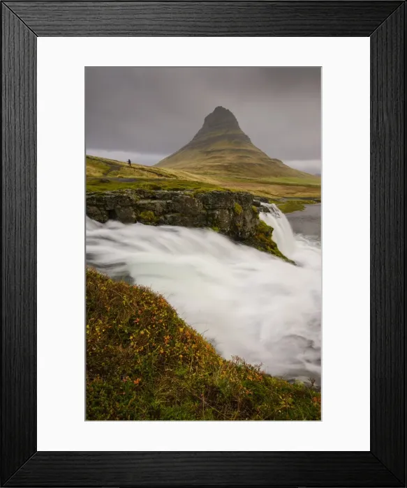 Framed Print : Kirkjufellsfoss in autumn with hiker to show scale, Iceland, Polar Regions Framed Print : Kirkjufellsfoss in autumn with hiker to show scale, Iceland, Polar Regions