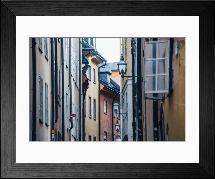 Framed Print : Historic and colorful buildings in Hells Alley, Gamla Stan, Stockholm, Sweden, Scandinavia Framed Print : Historic and colorful buildings in Hells Alley, Gamla Stan, Stockholm, Sweden, Scandinavia