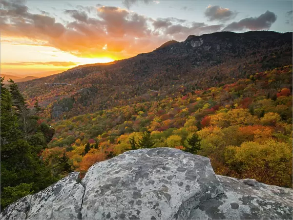 Sunset and autumn color at Grandfather Mountain, located on the Blue Ridge Parkway