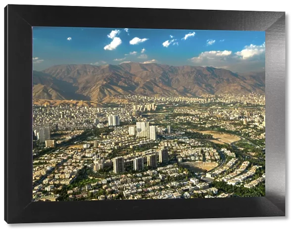 Aerial view of Tehran facing North towards the Alborz Mountains, Tehran, Iran, Middle