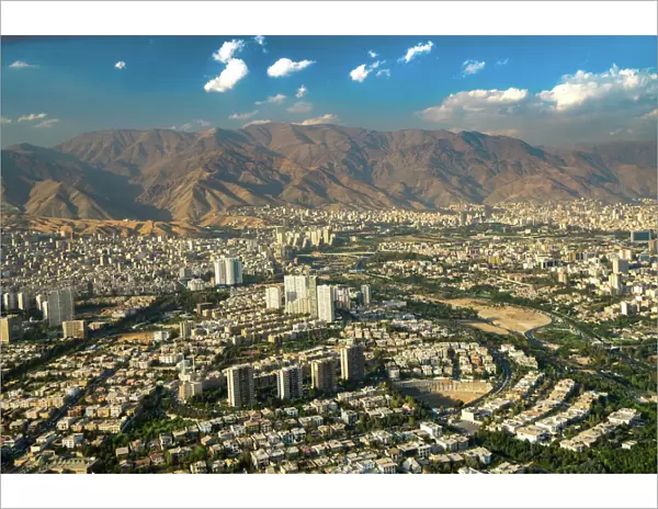 Aerial view of Tehran facing North towards the Alborz Mountains, Tehran, Iran, Middle