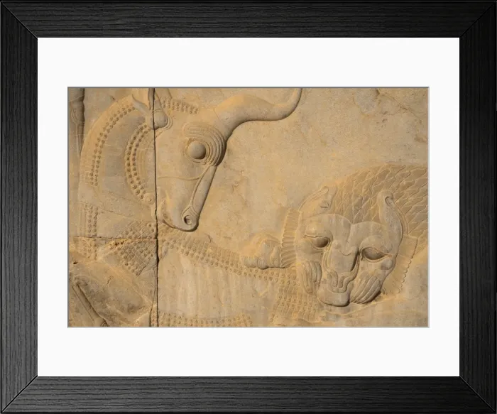 Framed Print : Carved relief of lion overcoming a bull, symbolising the advent of Spring and the Iranian New Year Framed Print : Carved relief of lion overcoming a bull, symbolising the advent of Spring and the Iranian New Year