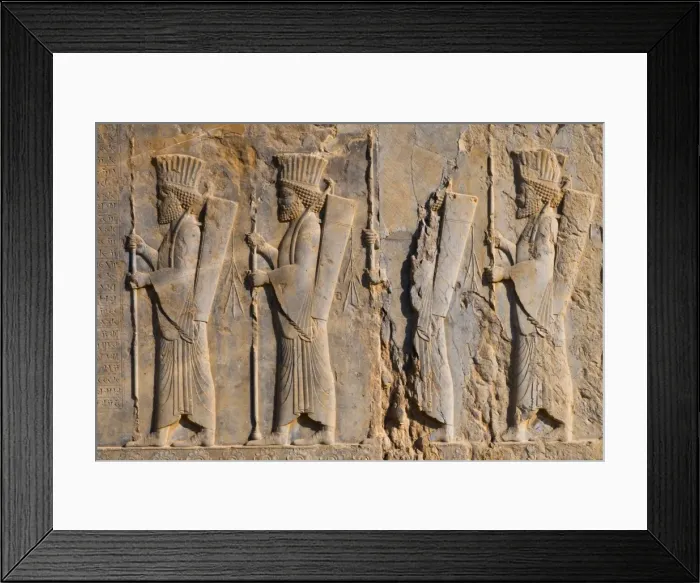 Framed Print : Carved relief of four Royal Persian Guards, facade of Private Palace of Darius the Great (Tachara) Framed Print : Carved relief of four Royal Persian Guards, facade of Private Palace of Darius the Great (Tachara)