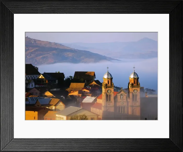 Framed Print : Early morning mist on the Haute Ville old town, Ambozontany Cathedral, Fianarantsoa Framed Print : Early morning mist on the Haute Ville old town, Ambozontany Cathedral, Fianarantsoa