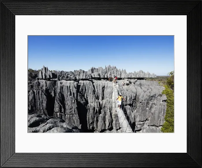 Framed Print : Tourist crossing a rope bride, Grand Tsingy, Tsingy du Bemaraha National Park, UNESCO Framed Print : Tourist crossing a rope bride, Grand Tsingy, Tsingy du Bemaraha National Park, UNESCO