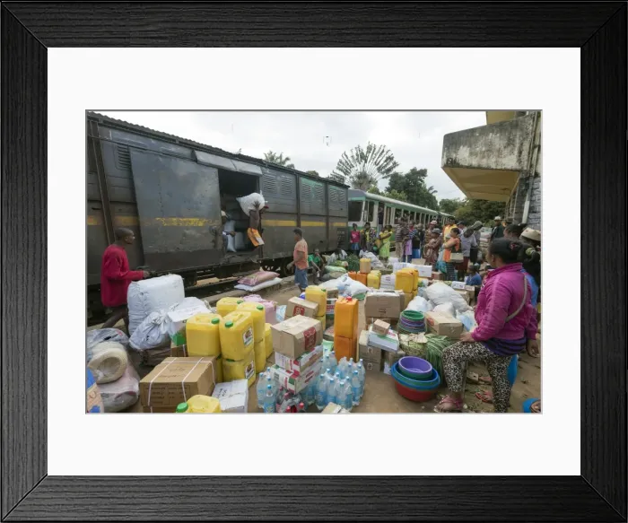 Framed Print : Fianarantsoa to Manakara FCE train, cargo being unloaded, eastern area, Madagascar