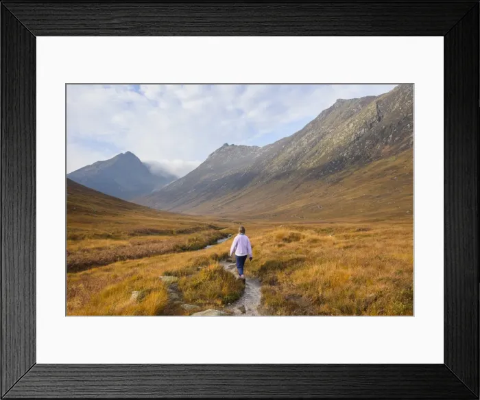 Framed Print : Woman walking in Glen Sannox, Isle of Arran, North Ayrshire, Scotland, United Kingdom Framed Print : Woman walking in Glen Sannox, Isle of Arran, North Ayrshire, Scotland, United Kingdom