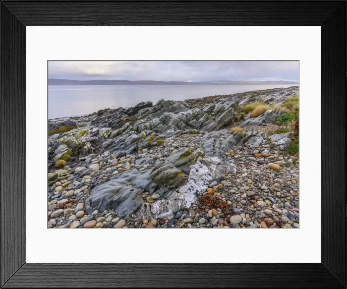 Framed Print : Rocky shore near Pirnmill looking out across the Kilbrannan Sound to Mull of Kintyre Framed Print : Rocky shore near Pirnmill looking out across the Kilbrannan Sound to Mull of Kintyre