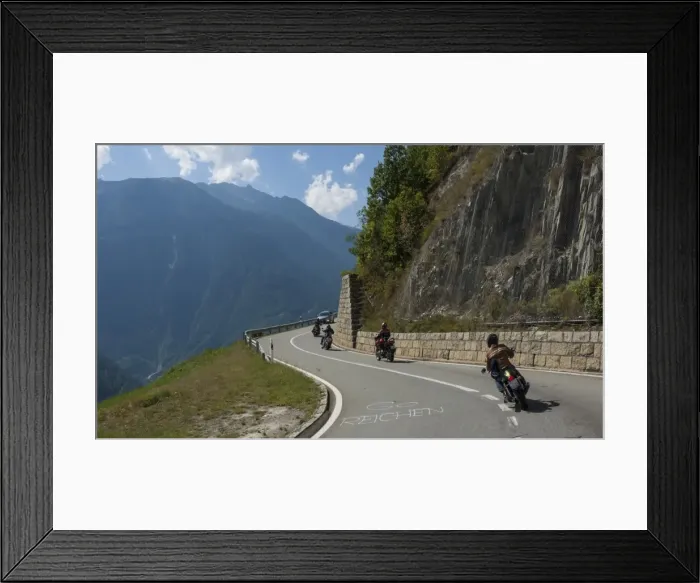 Framed Print : Motor cyclists on the Pass above Martigny, Switzerland, Europe Framed Print : Motor cyclists on the Pass above Martigny, Switzerland, Europe
