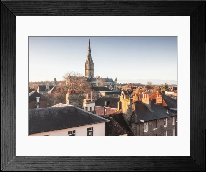 Framed Print : Salisbury cathedral across the rooftops of the city, Salisbury, Wiltshire, England Framed Print : Salisbury cathedral across the rooftops of the city, Salisbury, Wiltshire, England
