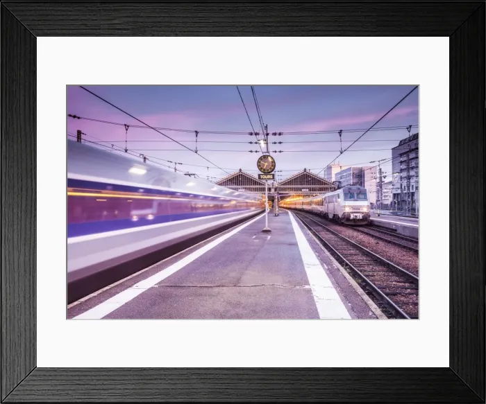 Framed Print : A TGV high speed train leaves the train station in Tours, Indre et Loire, Centre Framed Print : A TGV high speed train leaves the train station in Tours, Indre et Loire, Centre