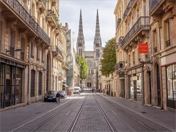 Looking down rue Vital Carles to Saint Andre cathedral in Bordeaux, Aquitaine, France