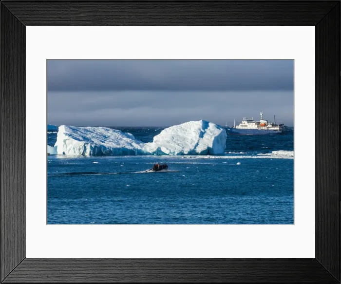 Framed Print : Zodiac cruising back to a cruise ship anchoring behind an iceberg, Brown Bluff, Antarctica Framed Print : Zodiac cruising back to a cruise ship anchoring behind an iceberg, Brown Bluff, Antarctica