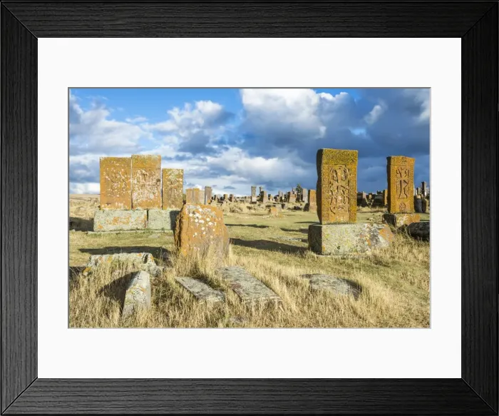 Framed Print : Medieval Khachkars carved memorial stele, Noratus cemetery, Sevan Lake, Gegharkunik province Framed Print : Medieval Khachkars carved memorial stele, Noratus cemetery, Sevan Lake, Gegharkunik province