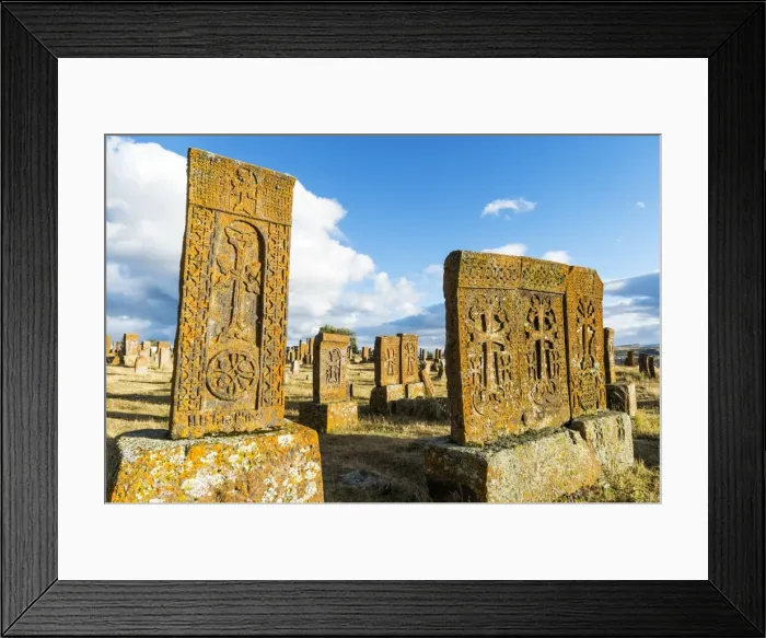 Framed Print : Medieval Khachkars carved memorial stele, Noratus cemetery, Sevan Lake, Gegharkunik province Framed Print : Medieval Khachkars carved memorial stele, Noratus cemetery, Sevan Lake, Gegharkunik province