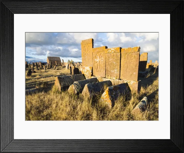Framed Print : Medieval Khachkars carved memorial stele, Noratus cemetery, Sevan Lake, Gegharkunik province Framed Print : Medieval Khachkars carved memorial stele, Noratus cemetery, Sevan Lake, Gegharkunik province