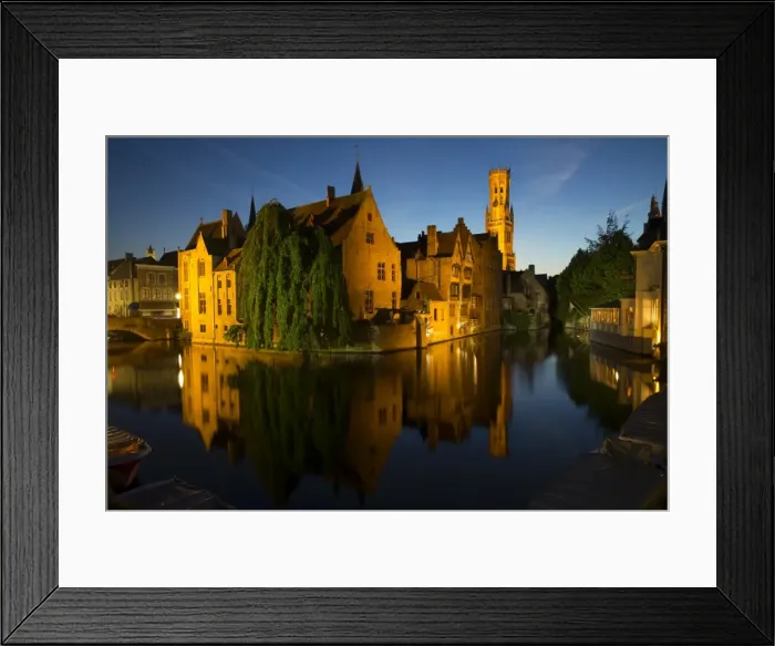 Framed Print : Evening reflections on Rozenhoedkaai, with Belfry (Belfort) Tower, UNESCO World Heritage Site