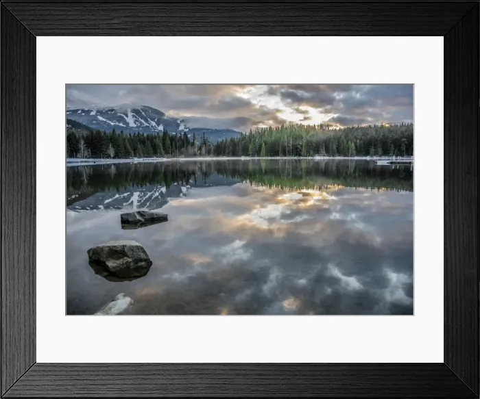Framed Print : Lost Lake, so still it gives a perfect reflection of the sunset, ski hill and surrounding forest Framed Print : Lost Lake, so still it gives a perfect reflection of the sunset, ski hill and surrounding forest