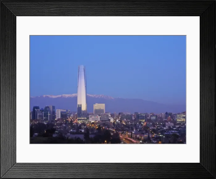 Framed Print : Twilight view from the Parque Metropolitano towards the high rise buildings and Costanera Framed Print : Twilight view from the Parque Metropolitano towards the high rise buildings and Costanera