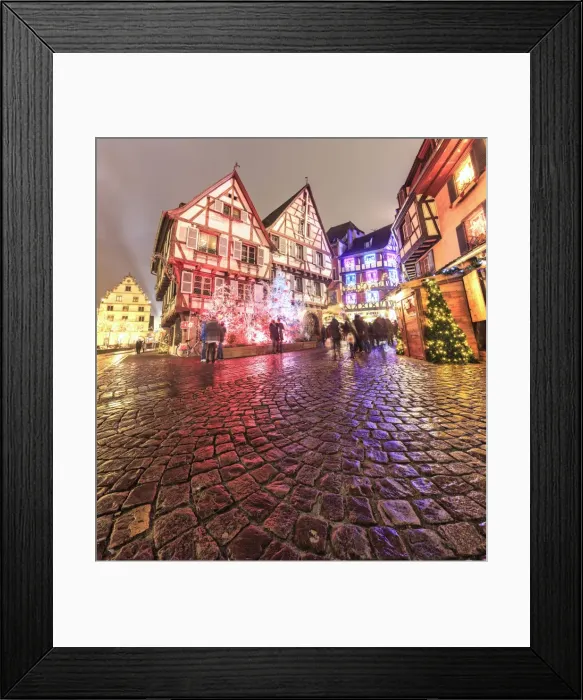 Framed Print : Panorama of typical houses enriched by Christmas ornaments and lights at dusk, Colmar Framed Print : Panorama of typical houses enriched by Christmas ornaments and lights at dusk, Colmar