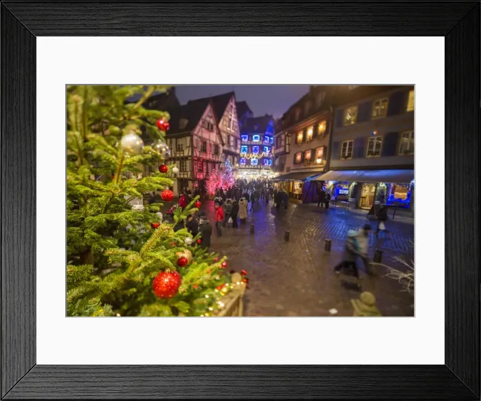 Framed Print : Colourful lights on Christmas trees and ornaments at dusk, Colmar, Haut-Rhin department Framed Print : Colourful lights on Christmas trees and ornaments at dusk, Colmar, Haut-Rhin department