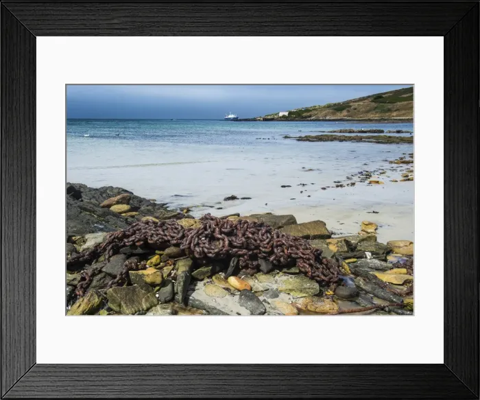 Framed Print : Rusty chain on a beach, Carcass Island, Falkland Islands, South America Framed Print : Rusty chain on a beach, Carcass Island, Falkland Islands, South America