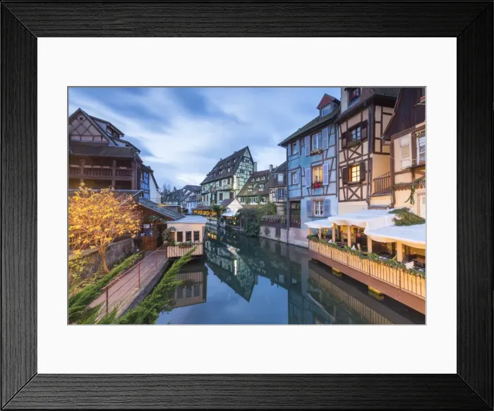 Framed Print : Dusk lights on houses reflected in River Lauch at Christmas, Petite Venise, Colmar Framed Print : Dusk lights on houses reflected in River Lauch at Christmas, Petite Venise, Colmar