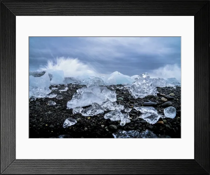 Framed Print : Water crashing over the ice and black sandy beach at Jokulsarlon, Iceland, Polar Regions Framed Print : Water crashing over the ice and black sandy beach at Jokulsarlon, Iceland, Polar Regions