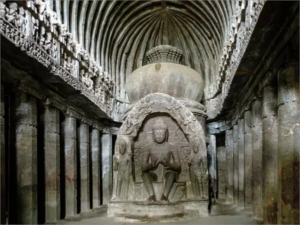 Sculpture of the Buddha in the main room of the temple of Vishvakarma (Cave 10), Ellora Caves