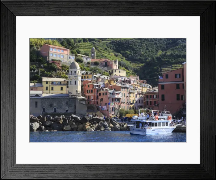 Framed Print : Colourful village houses, churches and ferry, Vernazza, Cinque Terre, UNESCO World Heritage Site Framed Print : Colourful village houses, churches and ferry, Vernazza, Cinque Terre, UNESCO World Heritage Site
