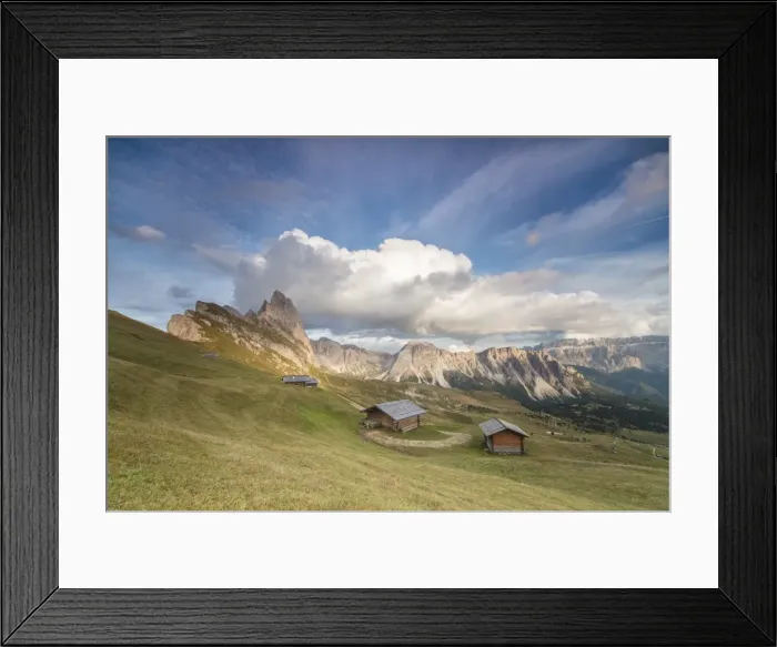 Framed Print : Sunset on the green meadows and huts of the Odle mountain range seen from Seceda Framed Print : Sunset on the green meadows and huts of the Odle mountain range seen from Seceda