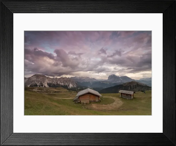 Framed Print : Pink clouds at sunset on the typical huts of Odle mountain range seen from Seceda Framed Print : Pink clouds at sunset on the typical huts of Odle mountain range seen from Seceda