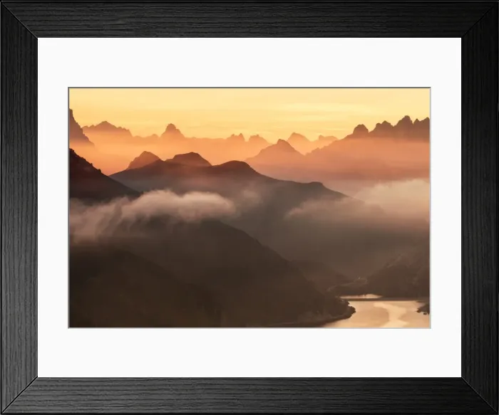 Framed Print : Orange sky at dawn and mist on peaks of Dolomites and Fedaia Pass, Cima Belvedere Framed Print : Orange sky at dawn and mist on peaks of Dolomites and Fedaia Pass, Cima Belvedere