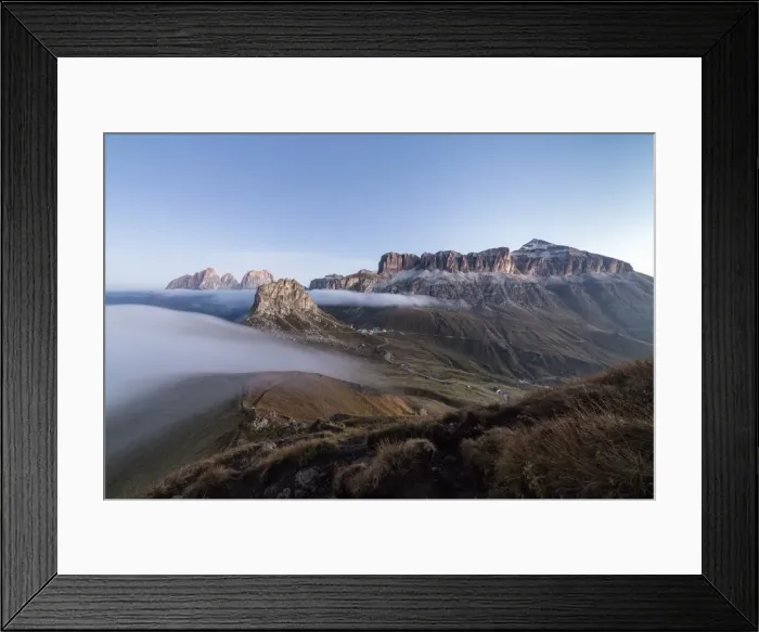 Framed Print : Piz Boa Sassolungo and Sass Beca shrouded in morning fog Cima Belvedere, Canazei Framed Print : Piz Boa Sassolungo and Sass Beca shrouded in morning fog Cima Belvedere, Canazei