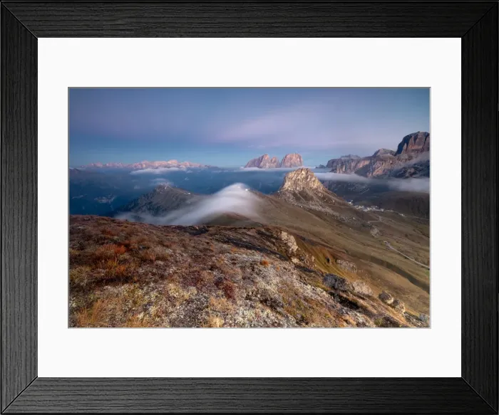 Framed Print : View of Sass Beca and Sassolungo at dawn from Cima Belvedere, Canazei, Val di Fassa Framed Print : View of Sass Beca and Sassolungo at dawn from Cima Belvedere, Canazei, Val di Fassa