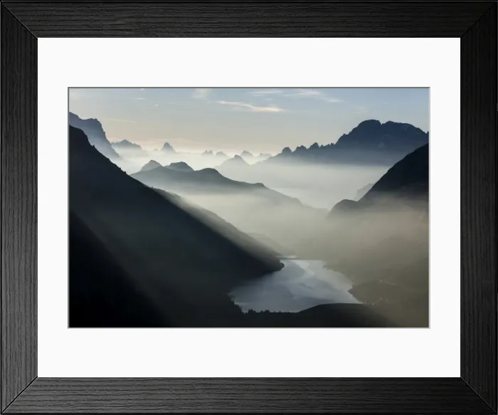 Framed Print : Mist on peaks of Dolomites and Monte Civetta seen from Cima Belvedere at dawn, Val di Fassa Framed Print : Mist on peaks of Dolomites and Monte Civetta seen from Cima Belvedere at dawn, Val di Fassa